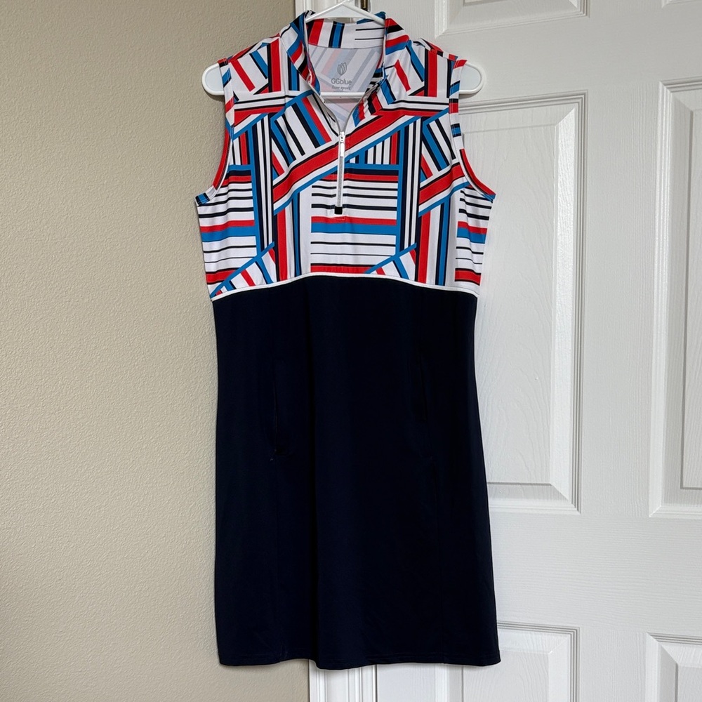 Sleeveless Geometric Stripe Polo Mini Dress in Navy and Red